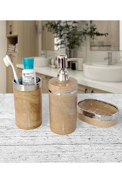 İmera Acrylic Round 3 Piece Marble Pattern Bathroom Set (COLOR; CREAM-SILVER)