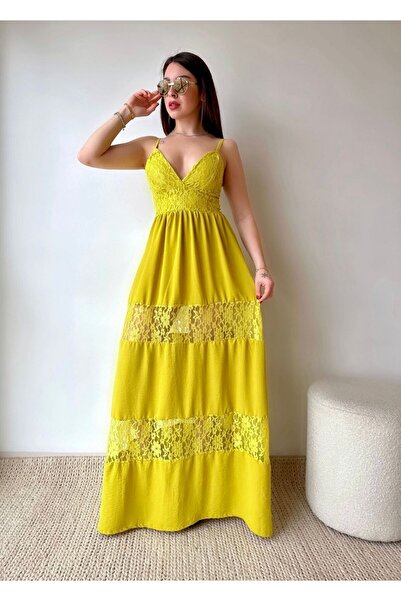 Genel Markalar Kadın Sarı Askılı Dantel Detaylı Aerobin Kumaş Göğüs Dekolteli...