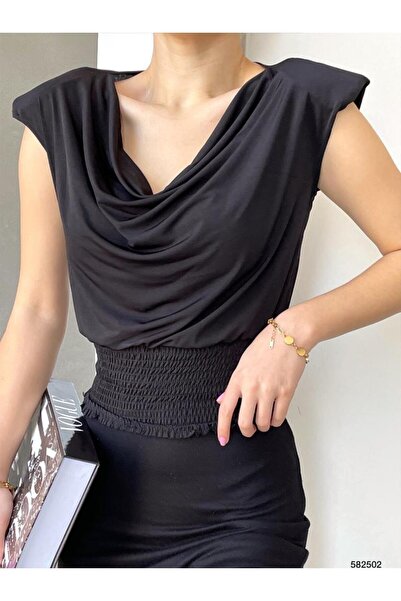 rengafashion Kadın Siyah Alt Gipeli Dökümlü Yaka Vatkalı Sandy Bluz