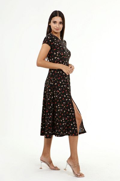 KİM Kİ O Rochie neagră de damă, lungă cu fantă, cu modele florale multiple