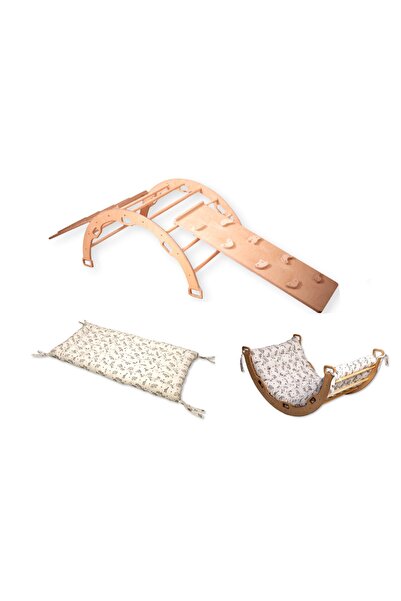 KIDOPPO Ahşap Pikler Üçgen Seti | Montessori Kemerli Merdiven Taşlı Kaydırak Oyun Yastığı