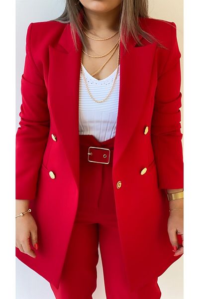 SEDA FİDAN Long Gold Buttoned Blazer Jacket Red
