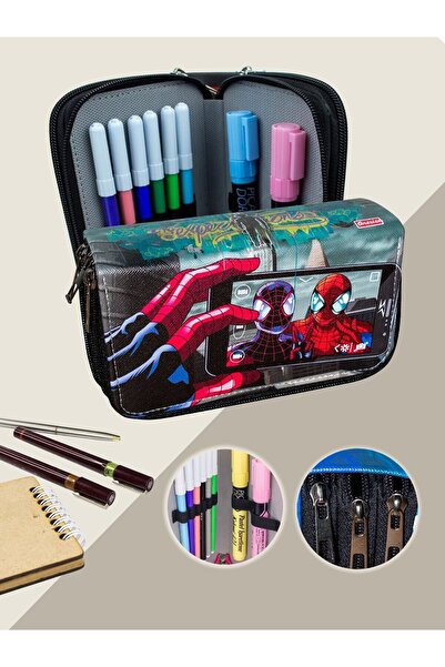 OneSize Husă pentru creion Hero Spider Orginazer cu trei compartimente din piele vegană (suport pentru stilou)