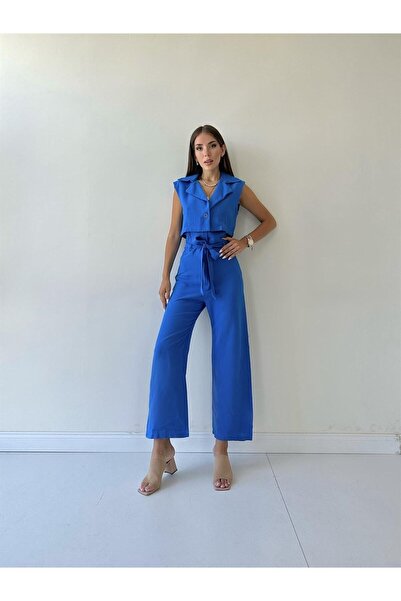 SEDA FİDAN Vests Design Linen Jumpsuit Blue