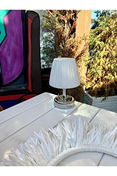 Maison Avf Rafya & Hasır Masa Üstü Led Kablosuz Pilli Abajur Gümüş-Beyaz Saça...