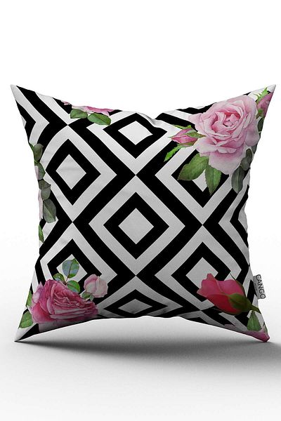 Cango Home Față de pernă cu două fețe, albă, neagră, cu model geometric de flori, imprimată digitală - Otyk557-ct
