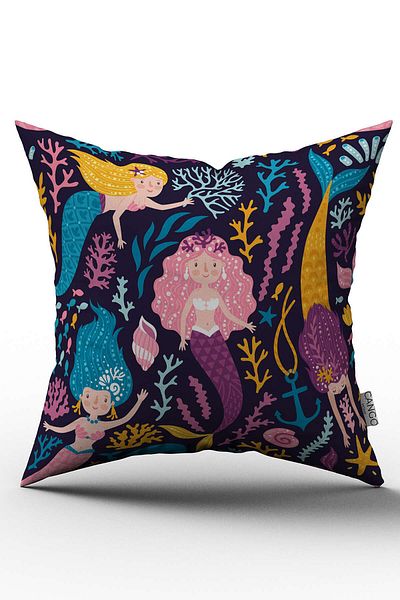 Cango Home Double Sided Yellow Pink Mermaid Patterned Digital Printed Children's Throw Pillow Cover - Otyk804-Ct