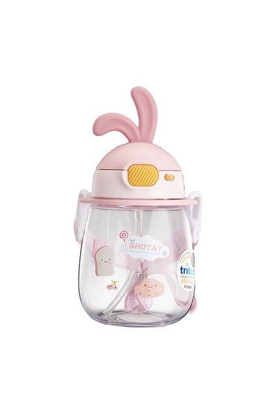 Shotay St-7008 600ml Pink Eared Tritan Straw Hanging Flask