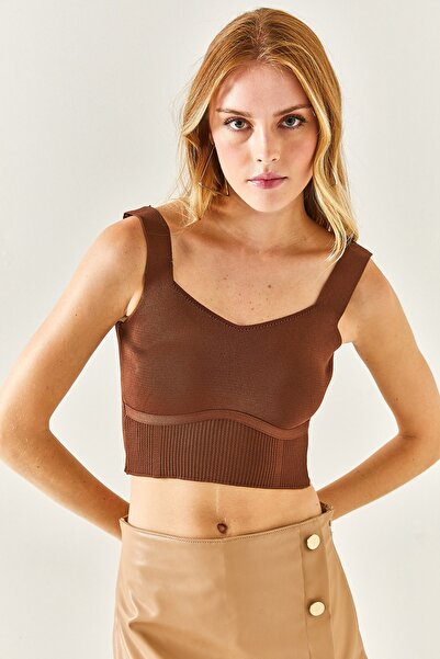 Olalook Дамска плетена блуза с горчиво кафе и презрамки BLZ-19001363