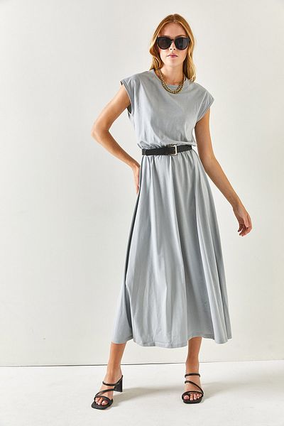 Olalook Women's Gray Elastic Waist Bat Combed Cotton Dress ELB-19001509