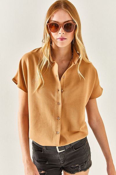 Olalook Camel Linen Oversize Shirt - Bat Sleeve Gml- 19001109
