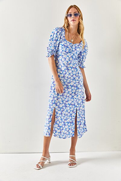 Olalook Women's Blue White Heart Collar Double Slit Woven Viscose Dress ELB-19001936