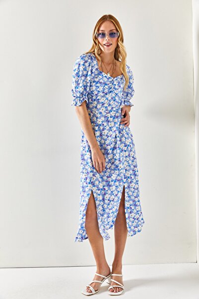 Olalook Women's Blue White Heart Collar Double Slit Woven Viscose Dress ELB-19001936