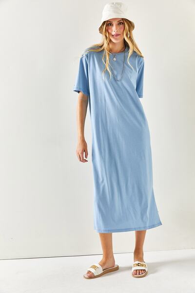 Olalook Rochie supradimensionată din bumbac cu fantă laterală indigo pentru femei ELB-19001880