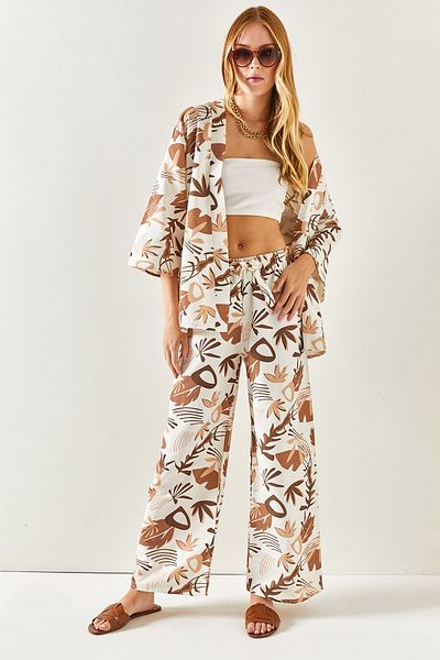 Olalook Women's Leaf Brown Belted Patterned Linen Palazzo Trousers PNT-19000226