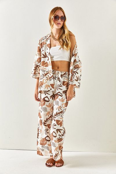 Olalook Women's Leaf Brown Belted Patterned Linen Palazzo Trousers PNT-19000226