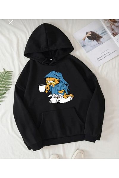 BYMEER Unisex Μαύρο φούτερ Garfield με στάμπα oversize