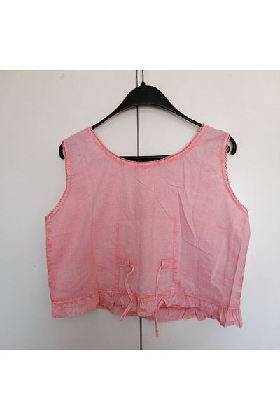 Butik Tülin Authentic cotton grinding pink water stone guipure ruffle buttoned back lace-up short blouse Made in India