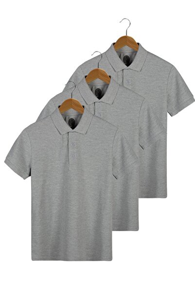 VEAVEN 3'lü Gri %100 Pamuk Slim Fit Polo Yaka T-shirt Paketi