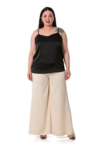 DISENTIS MODEST Large Size Wide Leg Satin Beige Trousers with Elastic Waist and Back