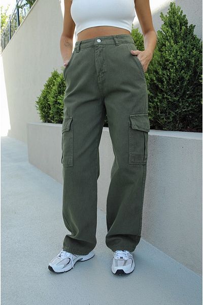 LİMABEL Ψηλόμεσο Khaki Cargo Pocket Jeans 100% Βαμβάκι