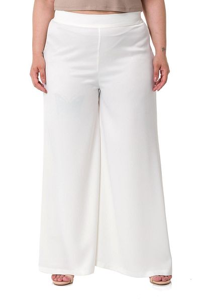 DISENTIS MODEST Large Size Wide Leg Satin White Trousers with Elastic Waist and Back