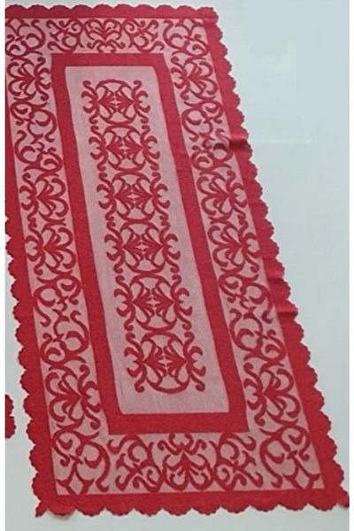 WENESSİ Ottoman Pattern Knitted Tulle Short Runner Cover 40x90 (RED)