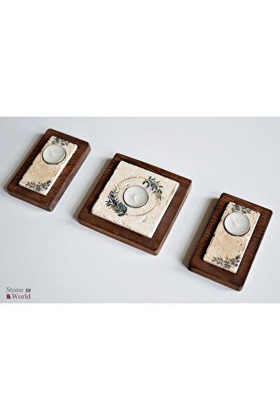 Ahşap Üzeri Travertenden Mumluk Takımı 10x10cm (1 adet) & 4,8x10cm (2 adet) - 105.1