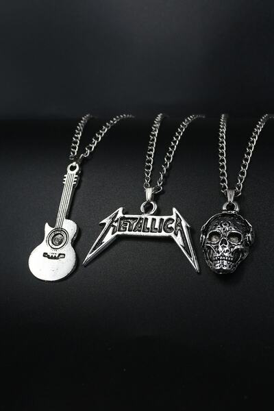 Dukkanka 3'lü Klasik Gitar, Metallica Ve Müzik Dinleyen Kurukafa Gümüş Renk Kolye Seti