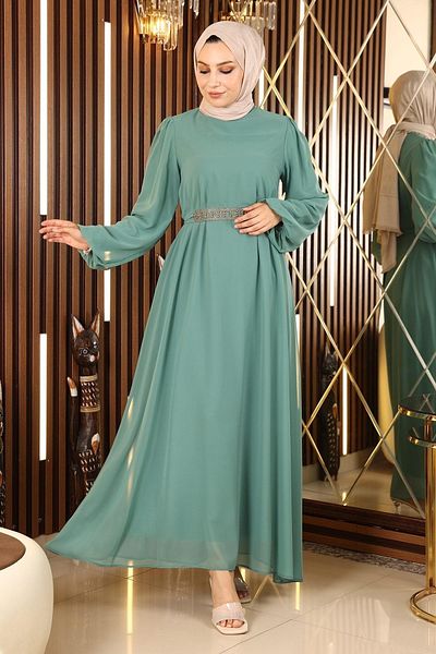Modamihram Chiffon-Abendkleid mit Gürteldetail Mint 13304