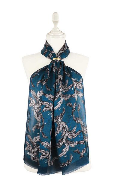 Bursa İpek Petrol Blue Leaf Pattern Silk Scarf