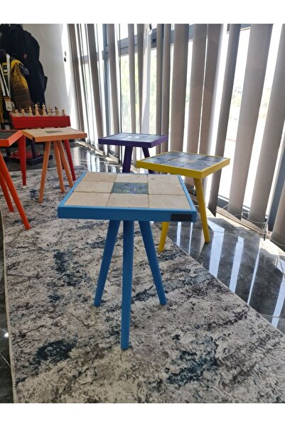 bluecape Traverten Taş Tavus Kuşu Baskılı 32x32cm Dekoratif  Mavi Sehpa