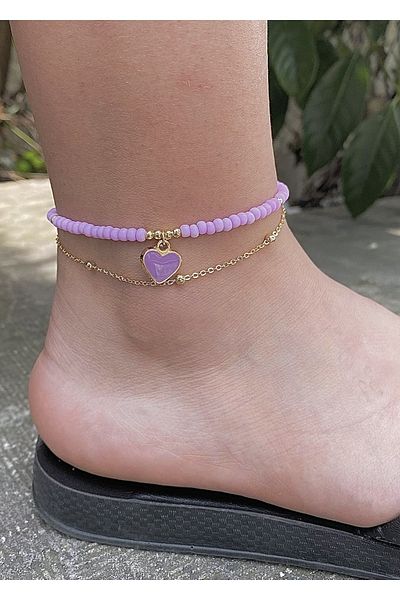 takıtarzım Anklet Lilac heart shaped matte bead chain women's anklet