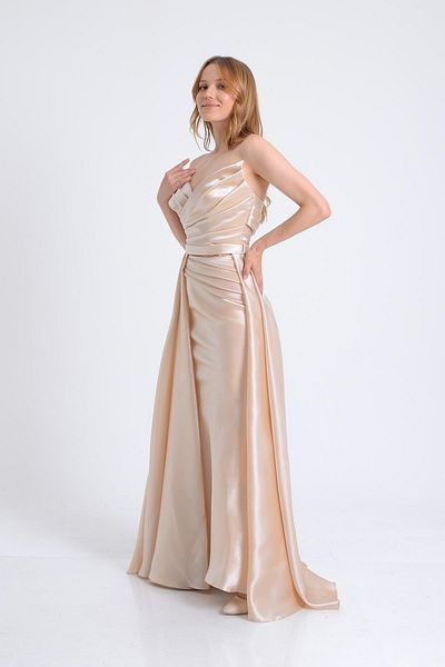 SpringStore Gold Off Shoulder Sweep Train Satin Evening Dress