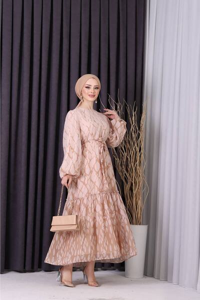 Neşeli Butik γυναικεία σιφόν φούστα βολάν στάμπα ισλαμικό φόρεμα SMS008