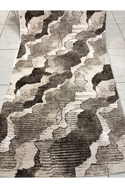 Sarar Stile Jel Kaymaz Taban Yıkanabilir Yumuşak Yüzey Kesme Yolluk Üst Kalite Kahve Bej Sade Modern Desen