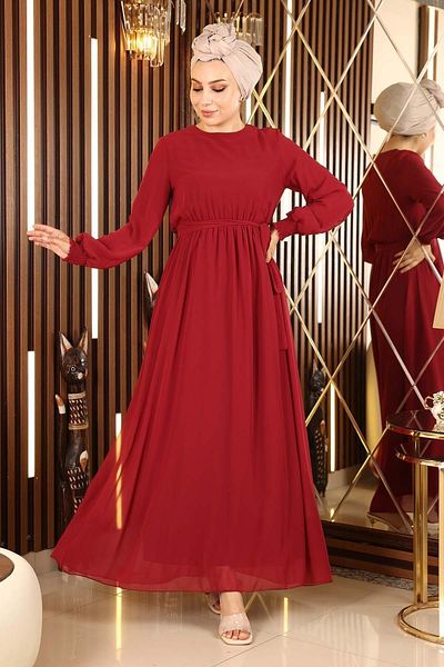 Modamihram Rochie de seara din sifon cu manșete elastice Roșu Claret 12003