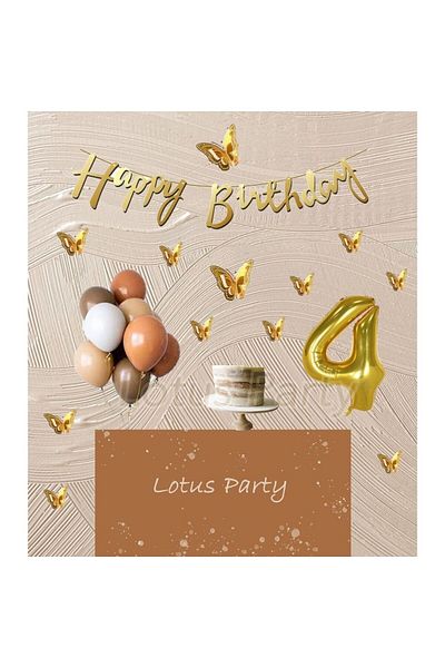 LOTUS PARTY Μίνι σετ γενεθλίων 4 ετών Butterfly Metallized Butterfly Gold Figure Gold Hapyy Font Χρώμα καφέ μπαλόνι