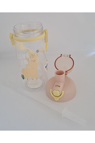 Shotay St-7006 600ml Yellow Tritan Straw Hanging Lama Patterned Flask