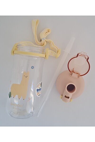 Shotay St-7006 600ml Sarı Tritan Pipetli Askılı Lama Desenli Matara