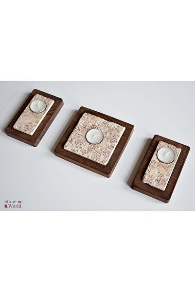 Ahşap Üzeri Travertenden Mumluk Takımı 10x10cm (1 adet) & 4,8x10cm (2 adet) - 034.1