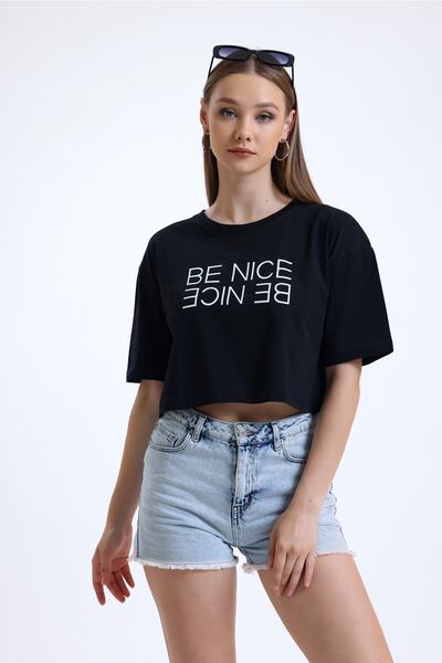 MD trend Tricou de damă negru cu imprimeu de bază cu decolteu rotund