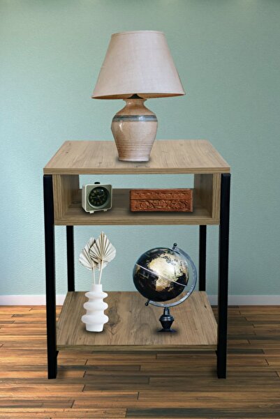 Tedarikcenter Retro 2 Raflı Başucu Komodin Şık Tasarımlı Metal Ayaklı Sehpa D...