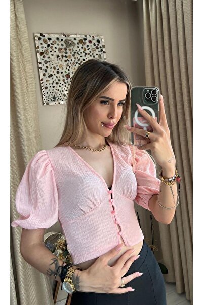 İBABUTİK Αντίγραφο - Γυναικείο μπλουζάκι με μανίκια με φούσκα και λαιμόκοψη σε σχήμα V με κουμπιά