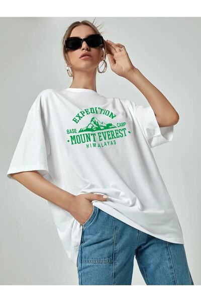 ZEMLİYA Tricou alb oversize unisex - Imprimat Mount Everest