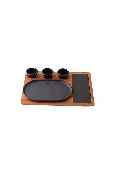 Lava 18X28 cm Oval Serving Plate with Wooden Base, Casting Size (Saw Containers Included)