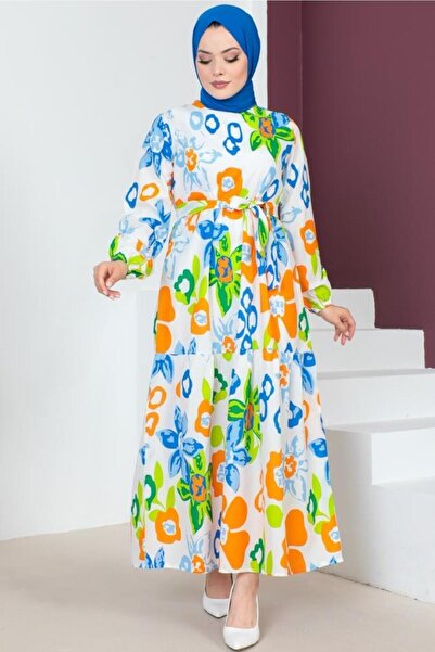 benguen 450 Patterned Hijab Dress Blue