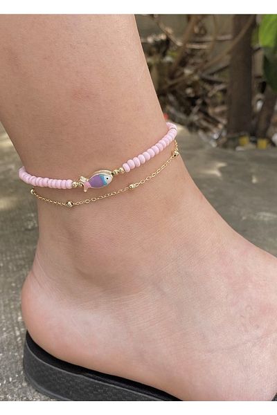 takıtarzım Anklet Dusty pink fish-shaped chain women's anklet