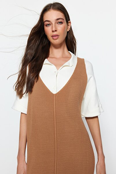 Trendyol Collection Μπεζ Maxi V-Neck Gilet Πλεκτό Φόρεμα TWOAW24EL00011
