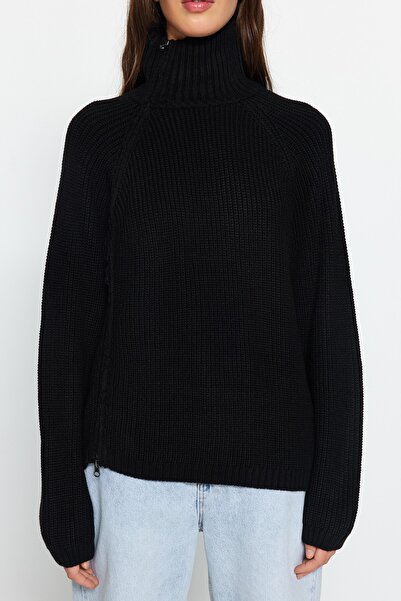 Trendyol Collection Pulover de tricotaj cu fermoar negru TWOAW24KZ00145